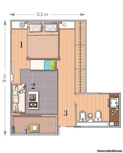 Plano de un dormitorio de tres ambientes