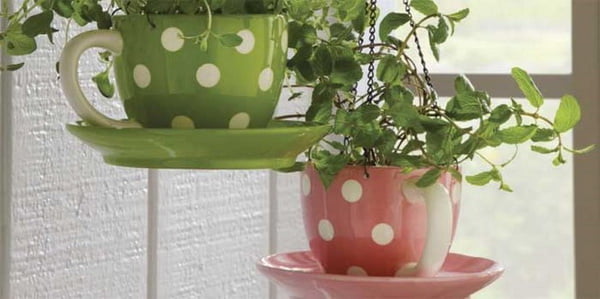 Maceteros con tazas recicladas