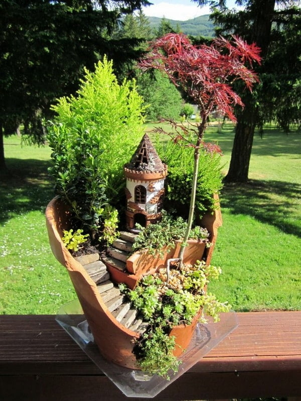 Mini jardín en una maceta rota