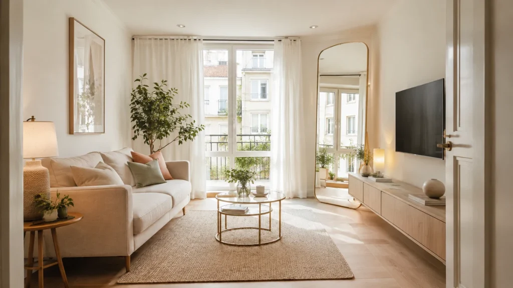 Salón pequeño luminoso con sofá claro, espejo y muebles ligeros