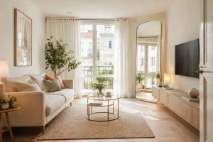 Salón pequeño luminoso con sofá claro, espejo y muebles ligeros
