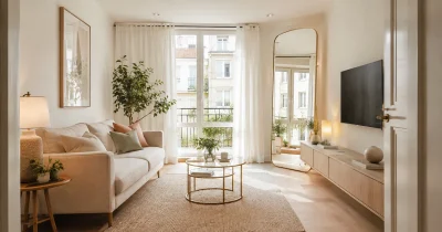 Salón pequeño luminoso con sofá claro, espejo y muebles ligeros