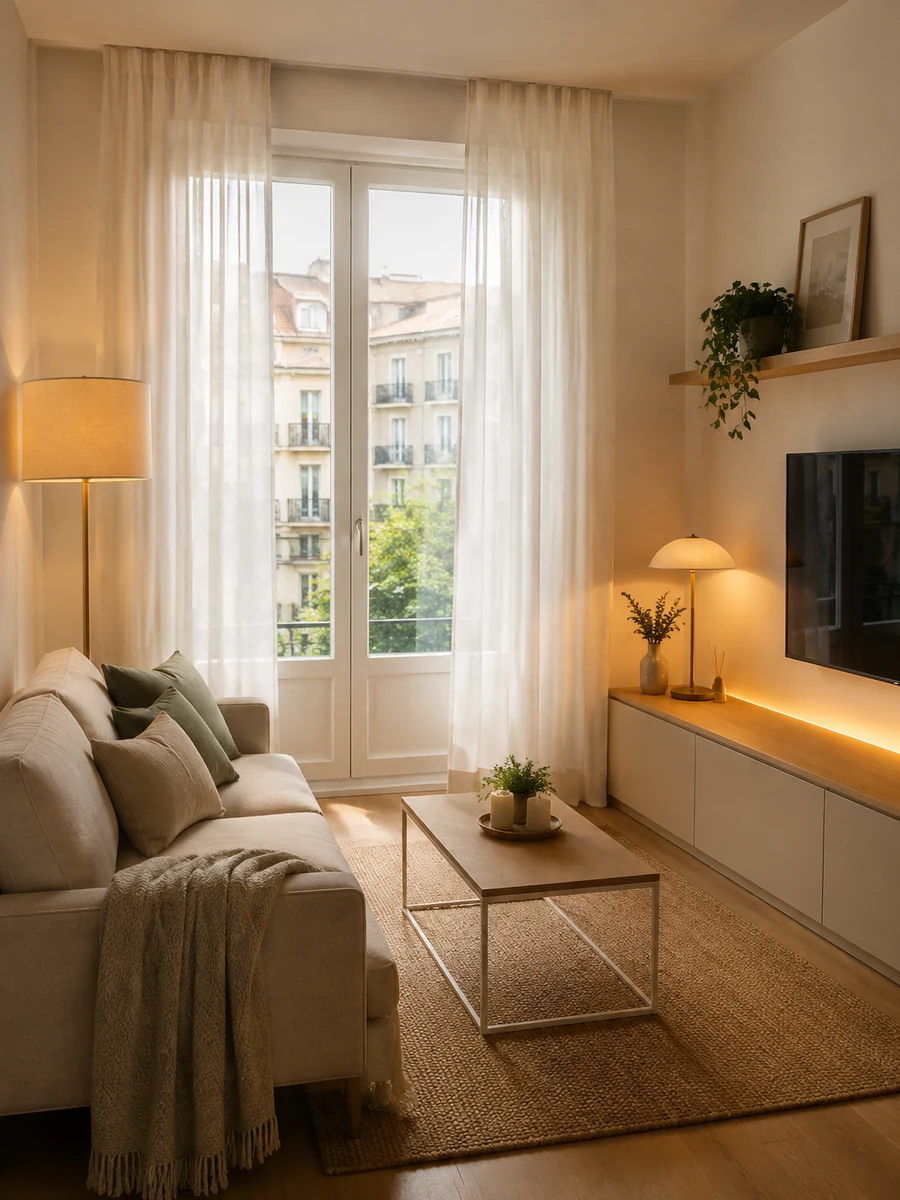 Salón pequeño con cortinas ligeras e iluminación cálida en varios puntos