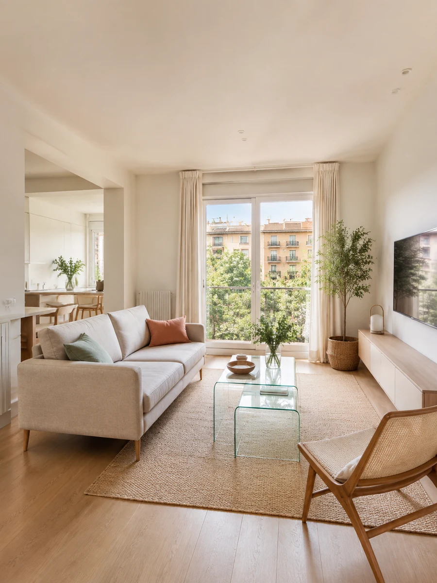 Salón pequeño con sofá proporcionado, mesa de cristal y muebles ligeros
