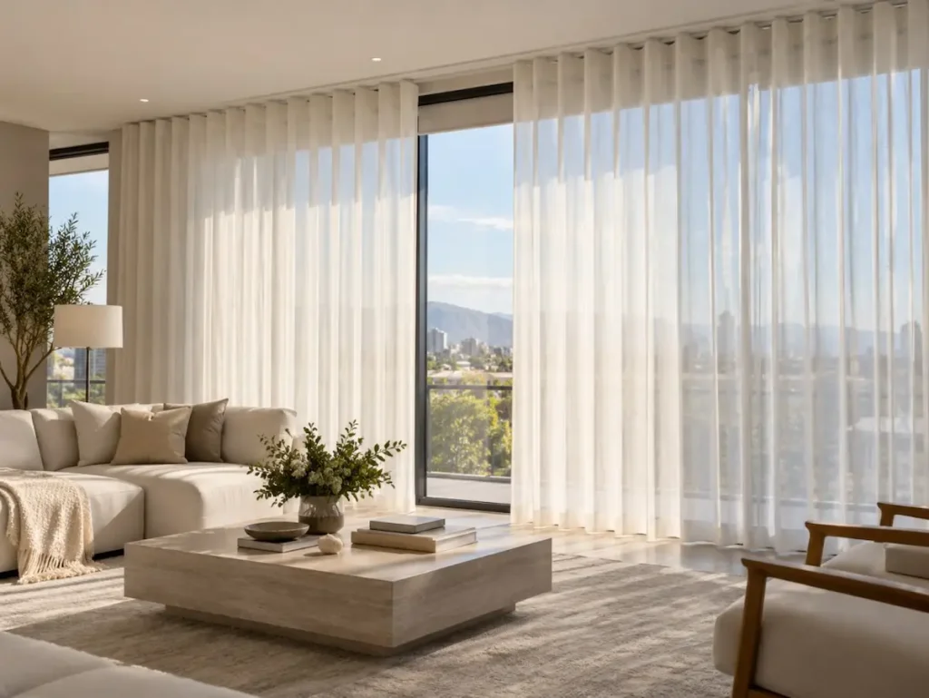 Cortinas con riel para ventanales grandes Cortinas de visillo con riel en un gran ventanal del salón