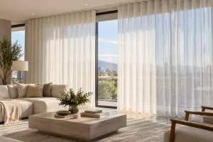 Cortinas de visillo con riel en un gran ventanal del salón