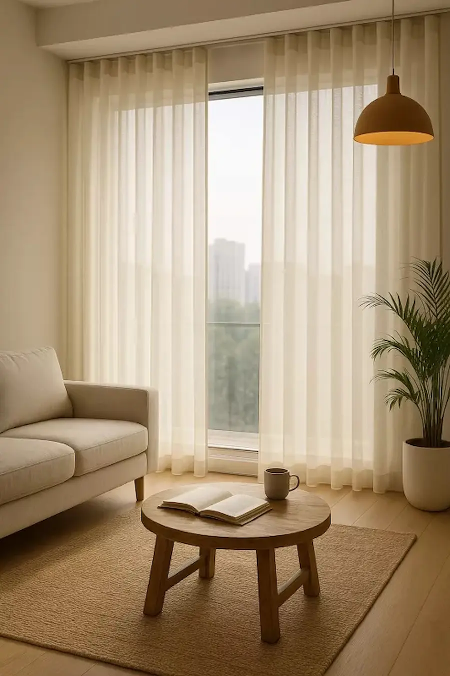 Onda perfecta en cortinas de salón Cortinas de onda perfecta frente a un ventanal con iluminación cálida