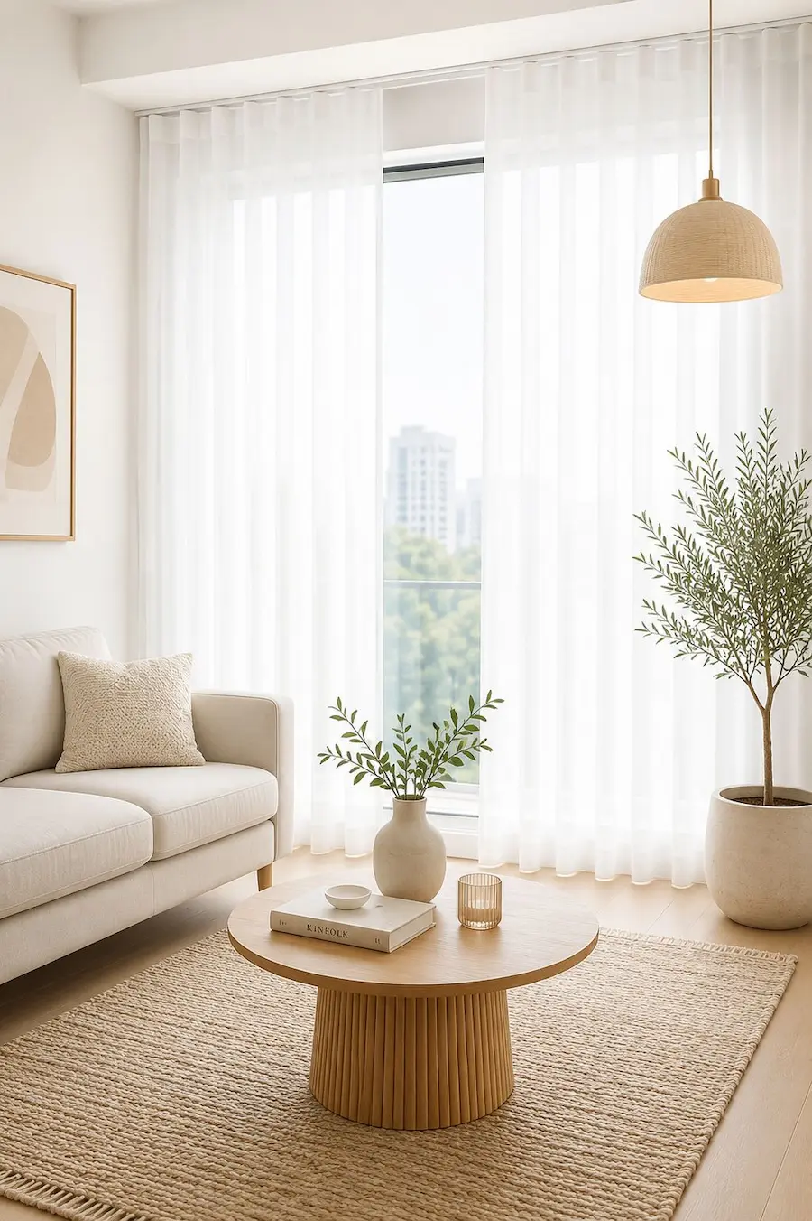 Instalación de cortinas con riel en ventanal Cortinas con riel instaladas en un ventanal alto del salón