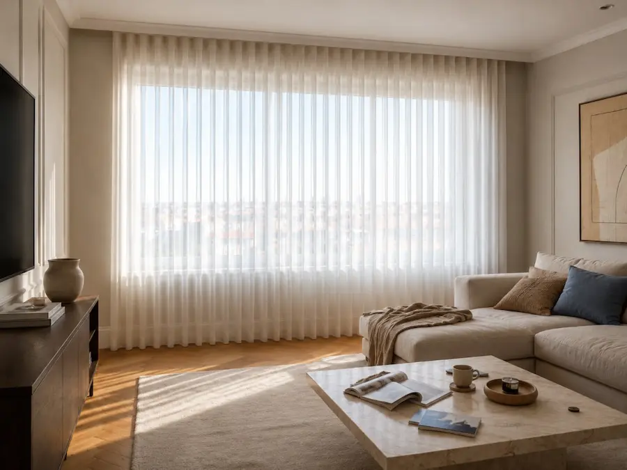 Cortinas de onda perfecta Cortinas de onda perfecta con riel en un salón luminoso